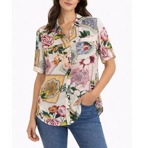 Chico's Floral Patchwork Blouse Button Front Boho Top Short Sleeve